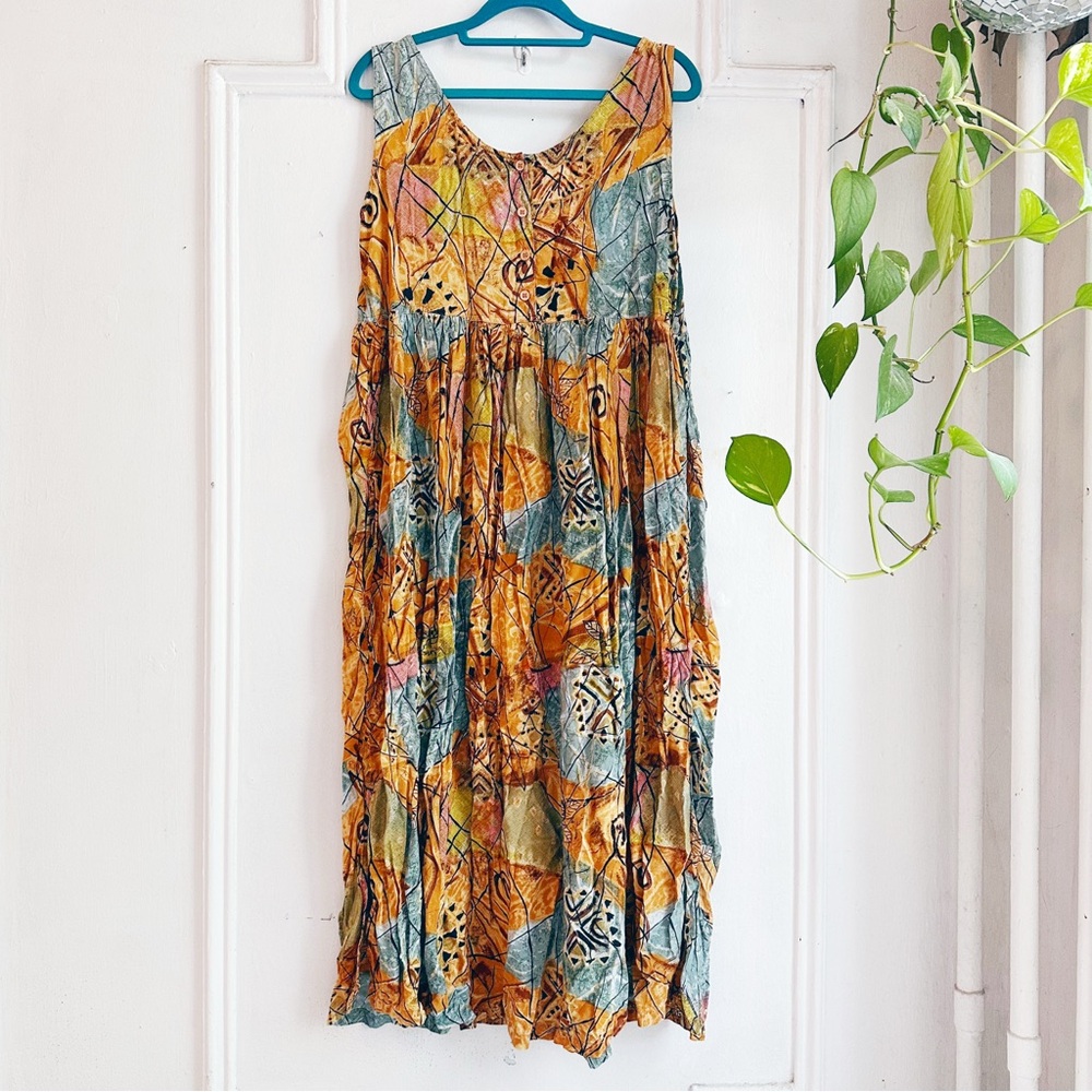 Vintage 90s rayon pattern sundress sita small medium bohemian artsy abstract fun